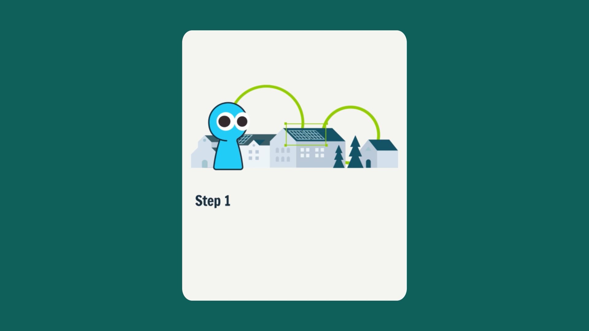 a green background with a cream rectangle and a blue figure with large eyes