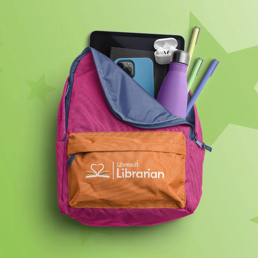 Colourful backpack open with book, tablet, phone, water bottle and school equipment