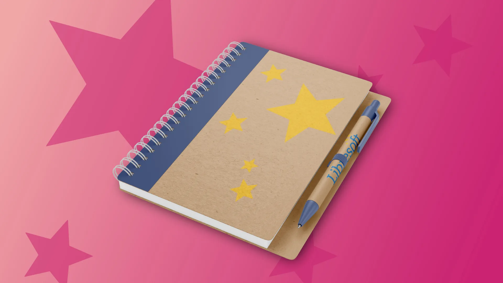 Star branded notepad and pen on hot pink gradient background with stars