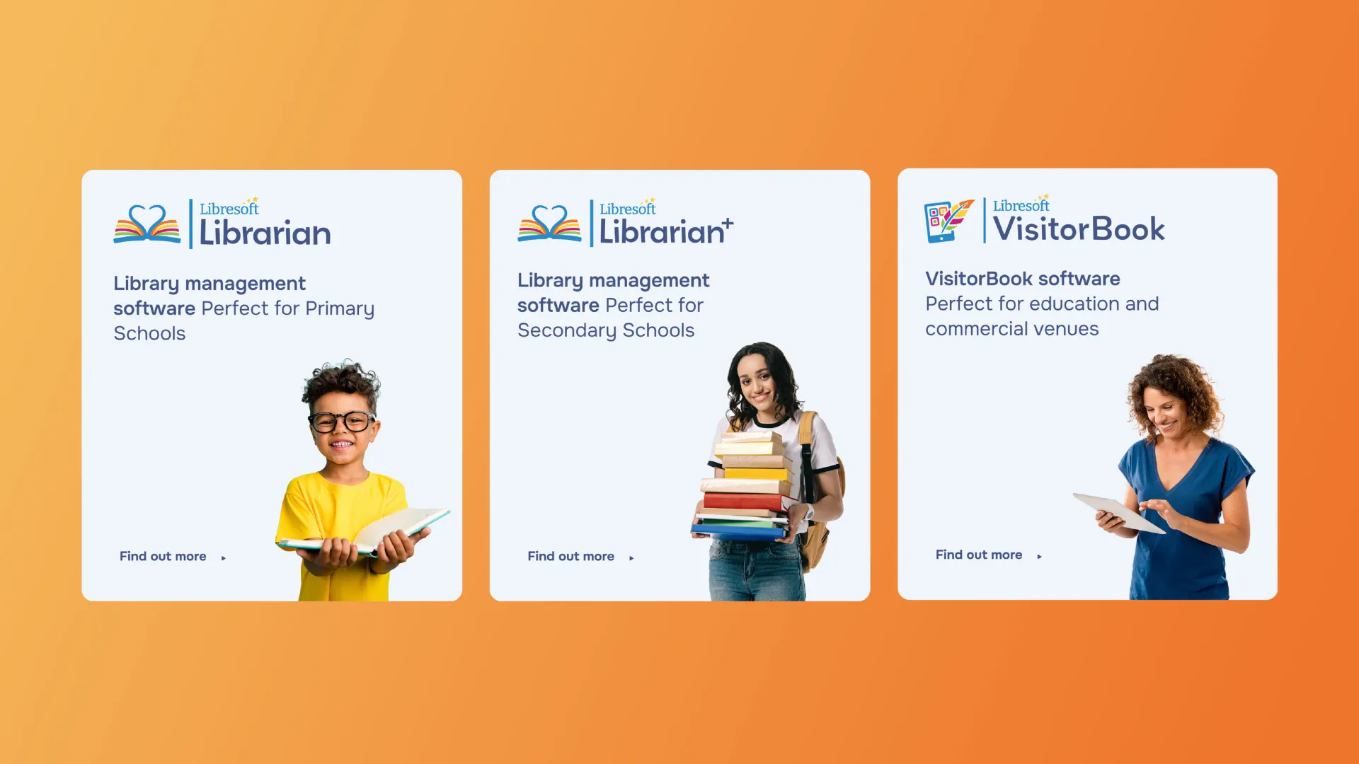 Three information cards with alternating student images on orange background