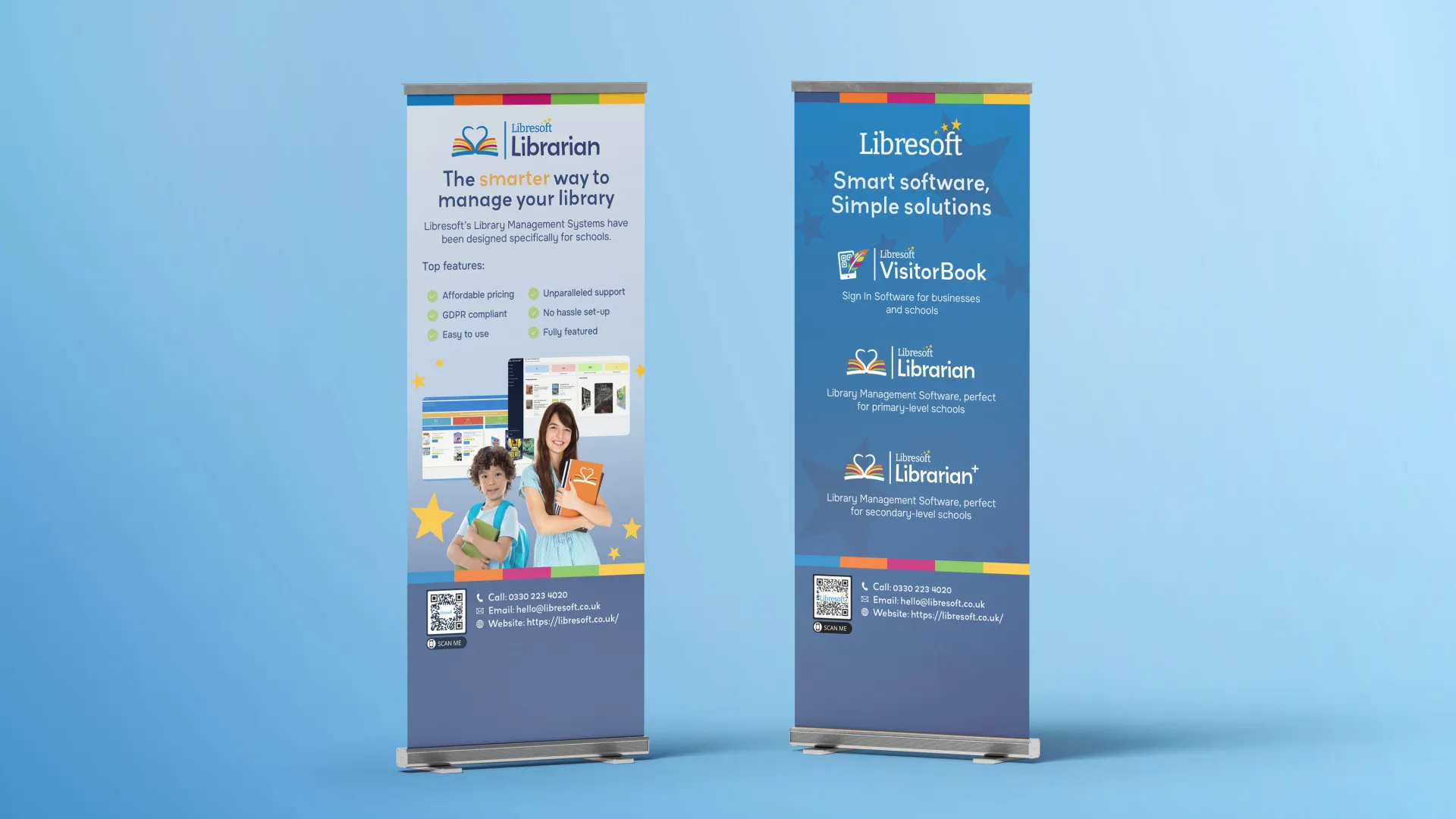 Two commercial Libresoft advertisement roller banners