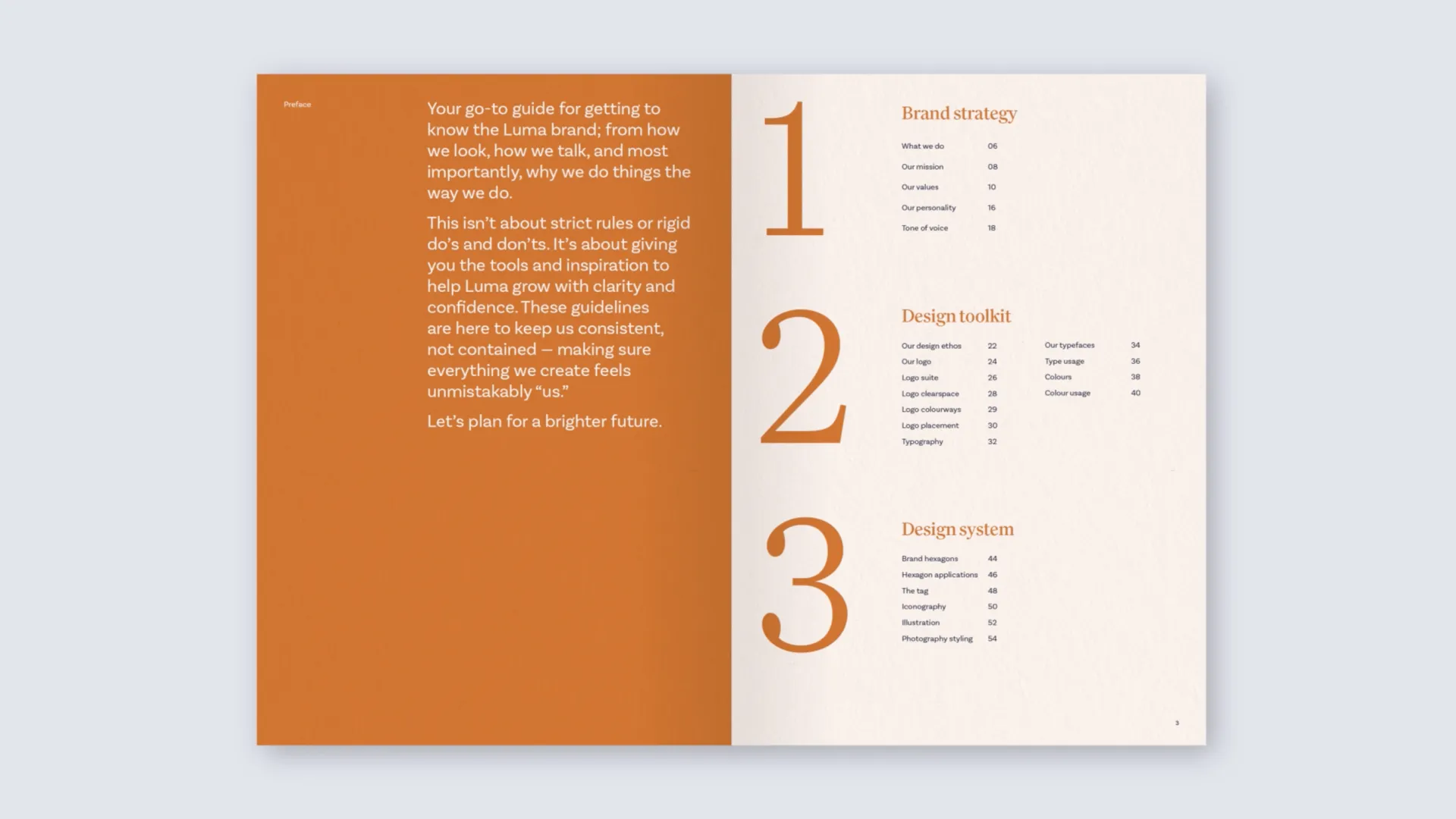 Open pages of the Luma brand guidelines showcasing sections on brand strategy, design toolkit, and design system