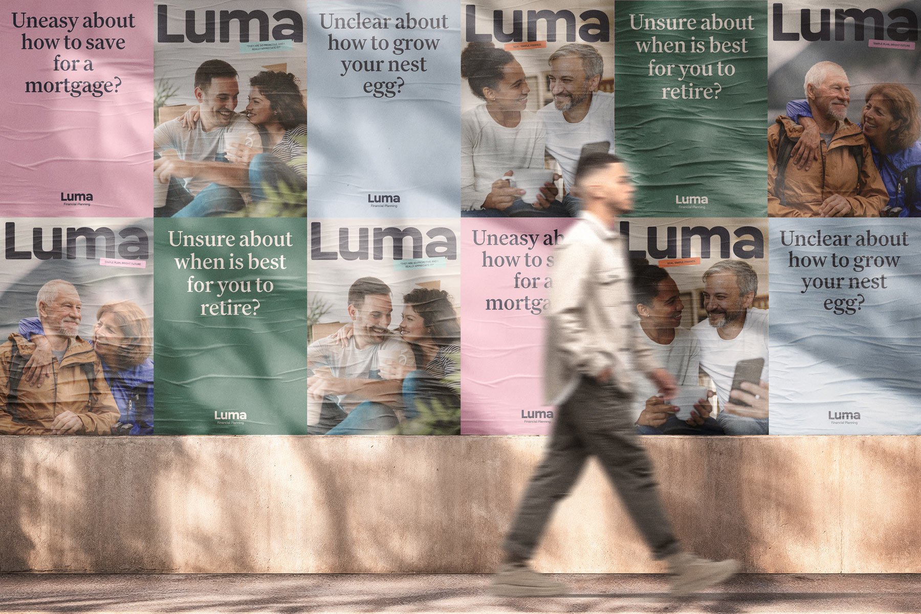 Wall of Luma Financial Planning posters featuring messaging about mortgages, investments and retirement planning