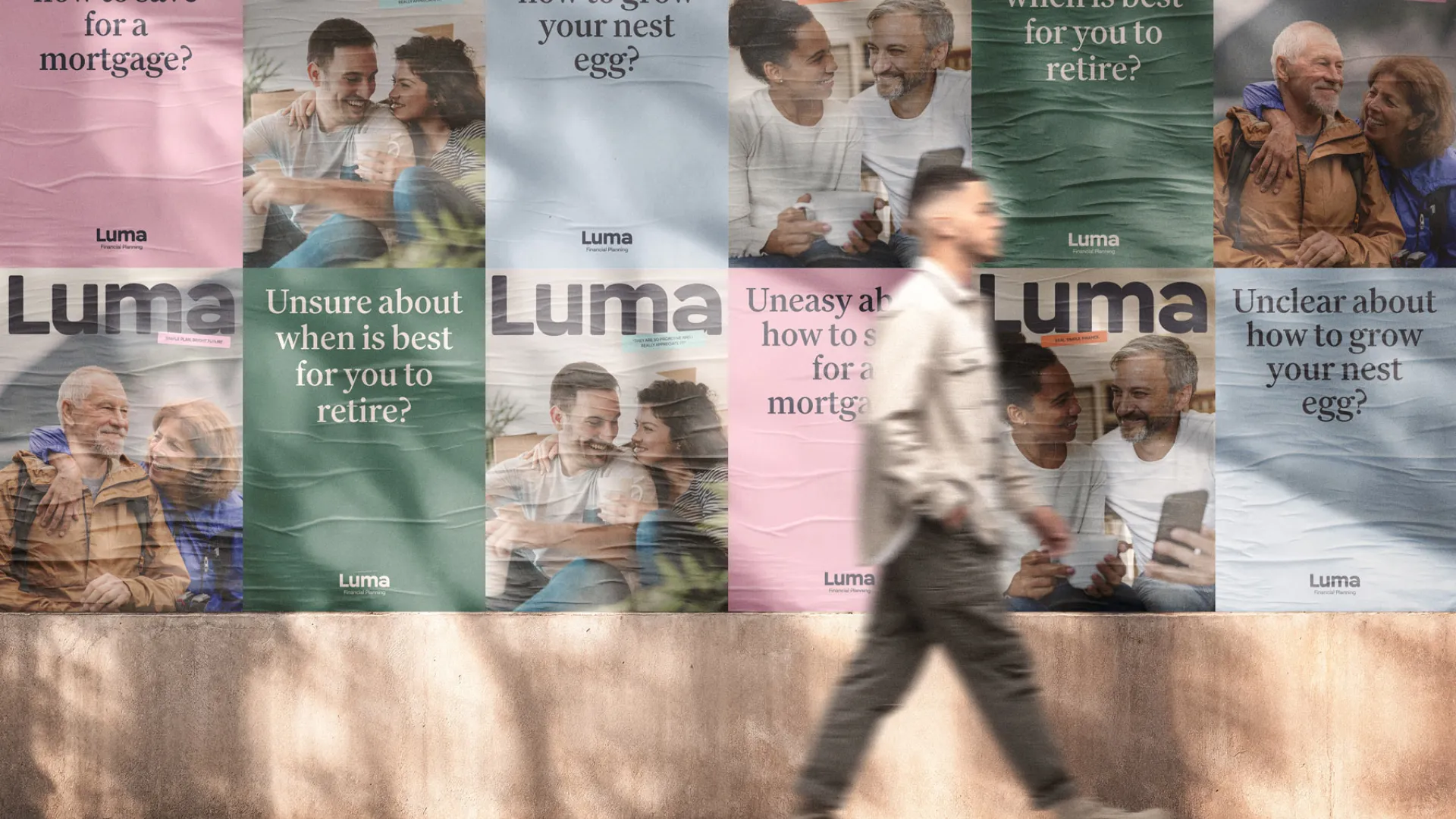 Wall of Luma Financial Planning posters featuring messaging about mortgages, investments and retirement planning