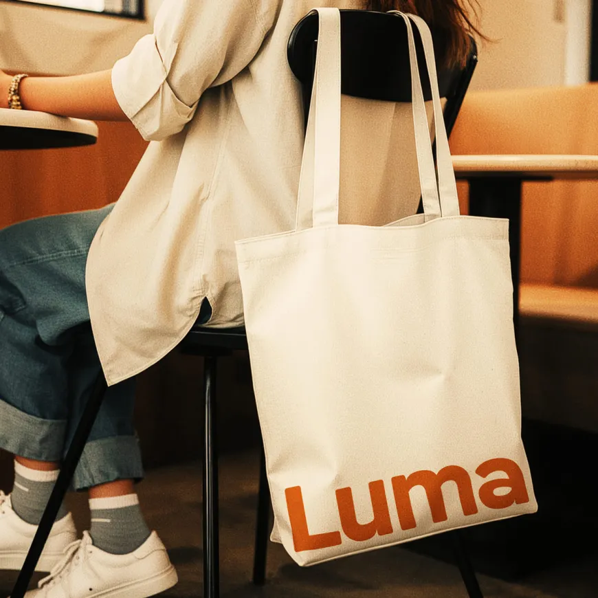 Luma-branded tote bag hanging from a chair beside a person using a smartphone in a café