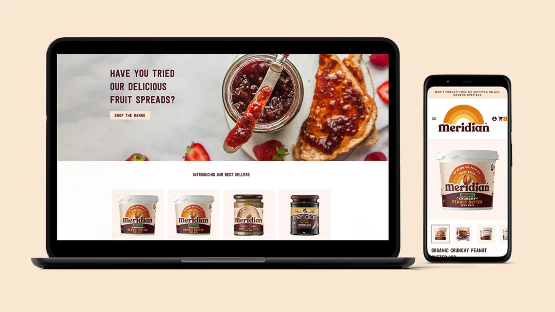 Laptop and mobile mockup of Meridian shop home page.