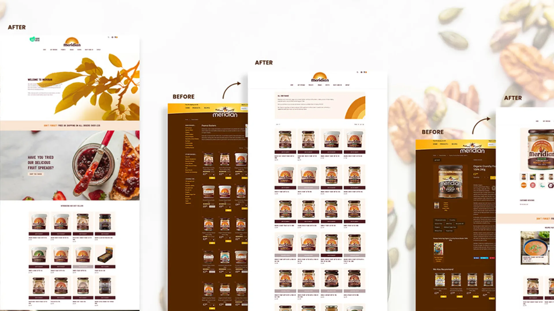 Before and after images of the Meridian website main pages.