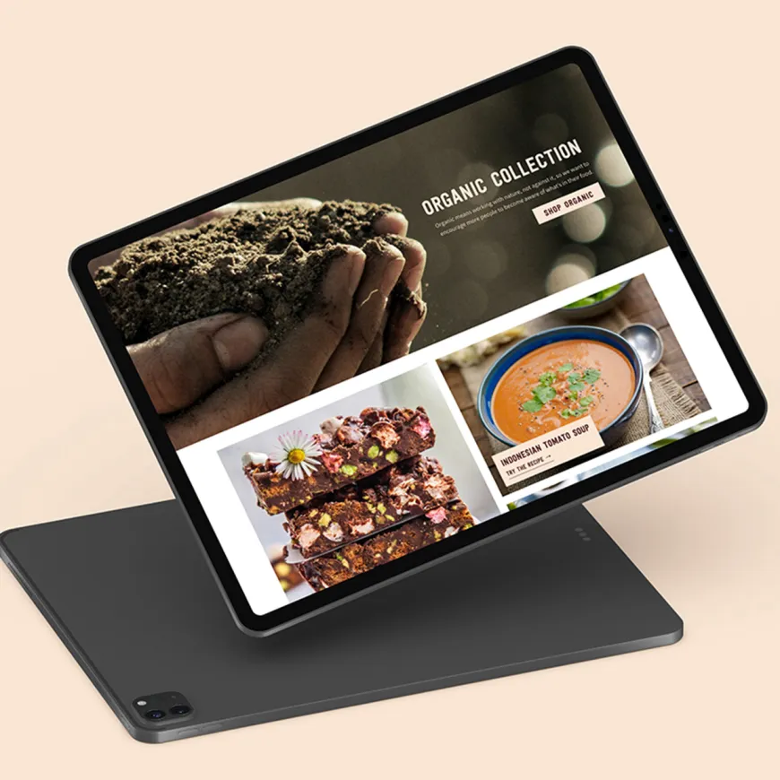 Tablet mockup of organic recipes page.