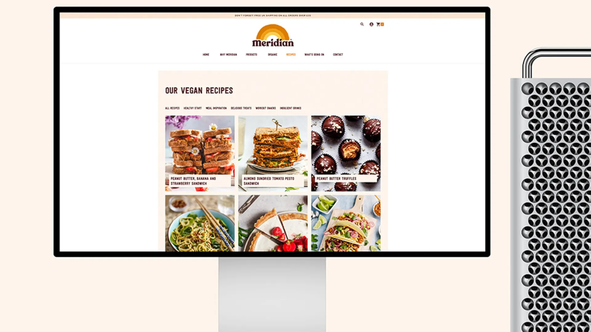 Desktop mockup of Meridian vegan recipes page.