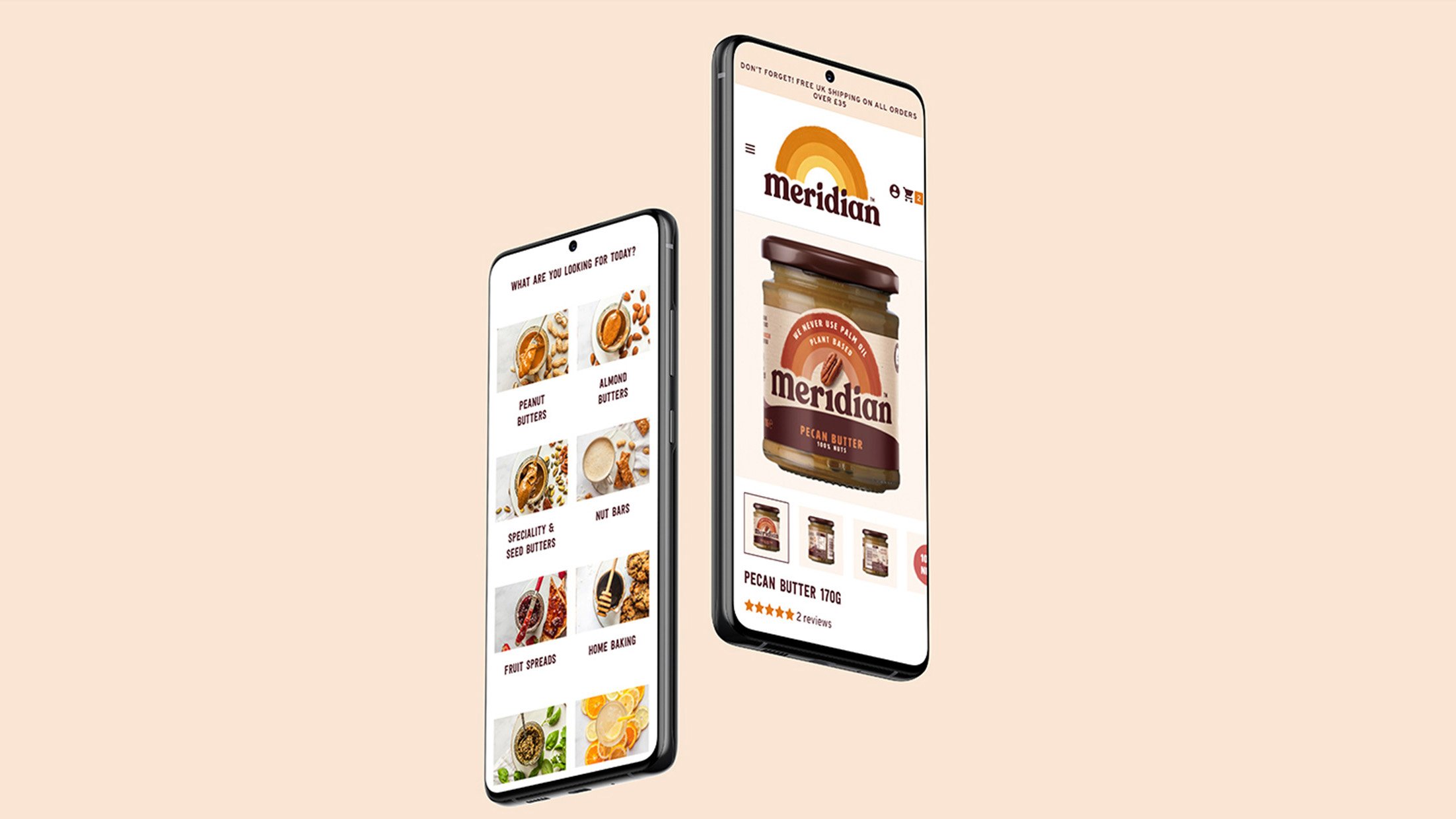 Two mobile phone mockups of Meridian product pages.