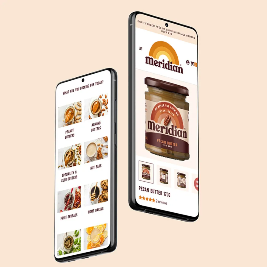 Two mobile phone mockups of Meridian product pages.