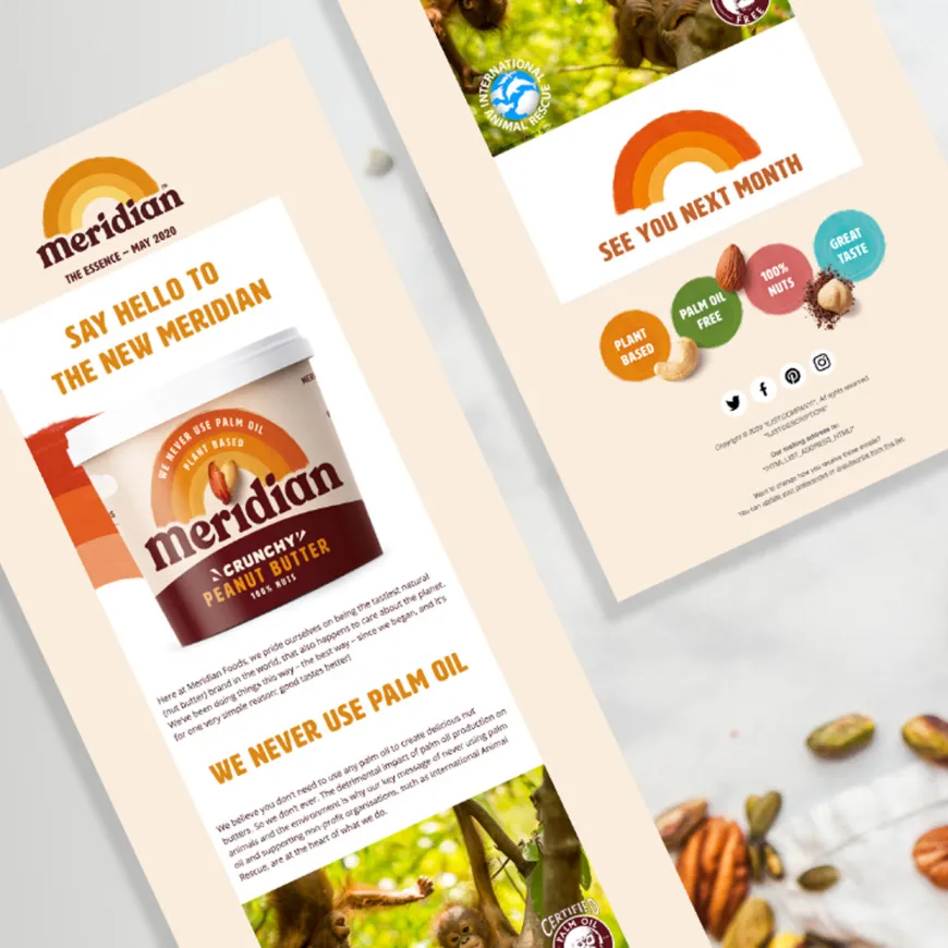 Meridian mobile sized screens flat laid on nut background.