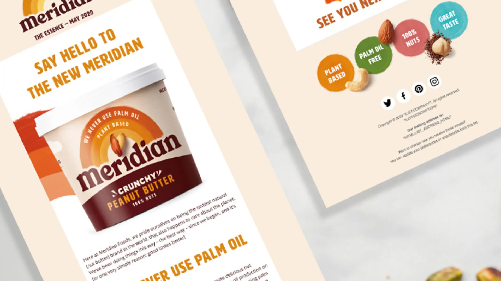 Meridian mobile sized screens flat laid on nut background.