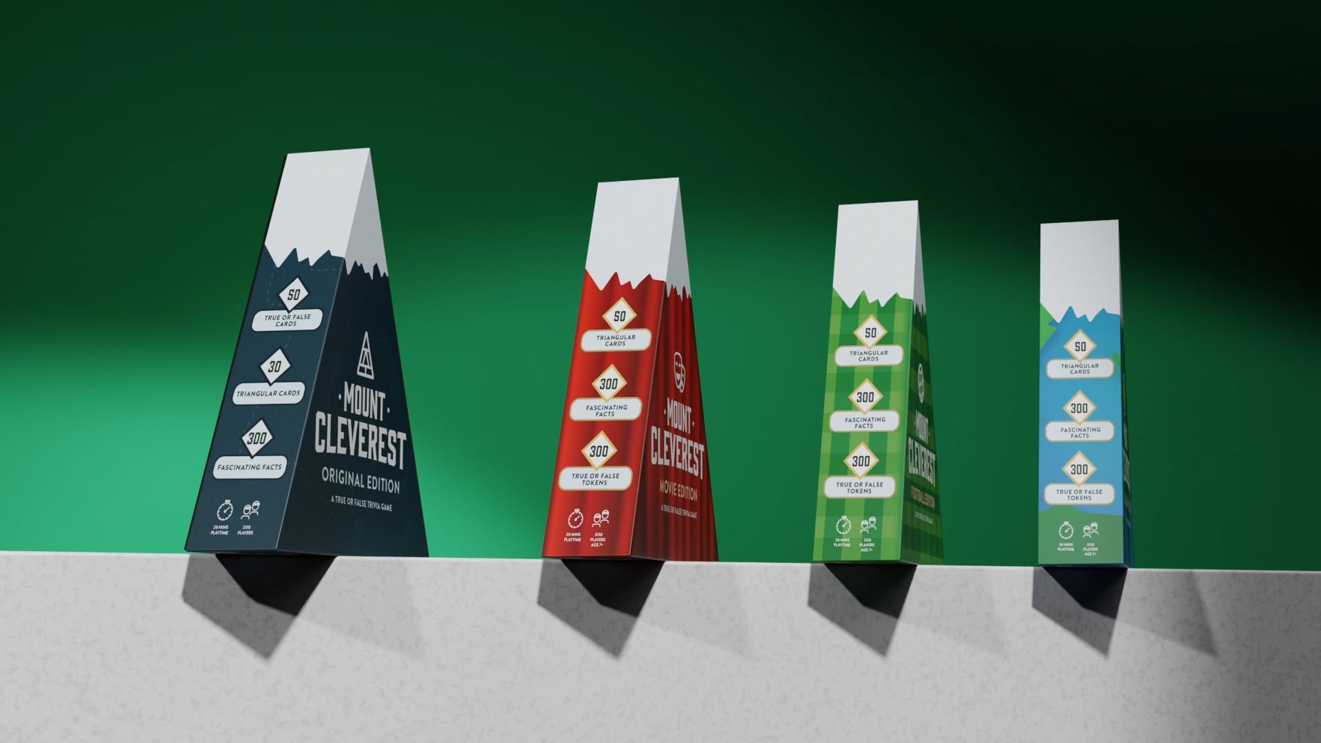 Four triangular shaped card game boxes in a row