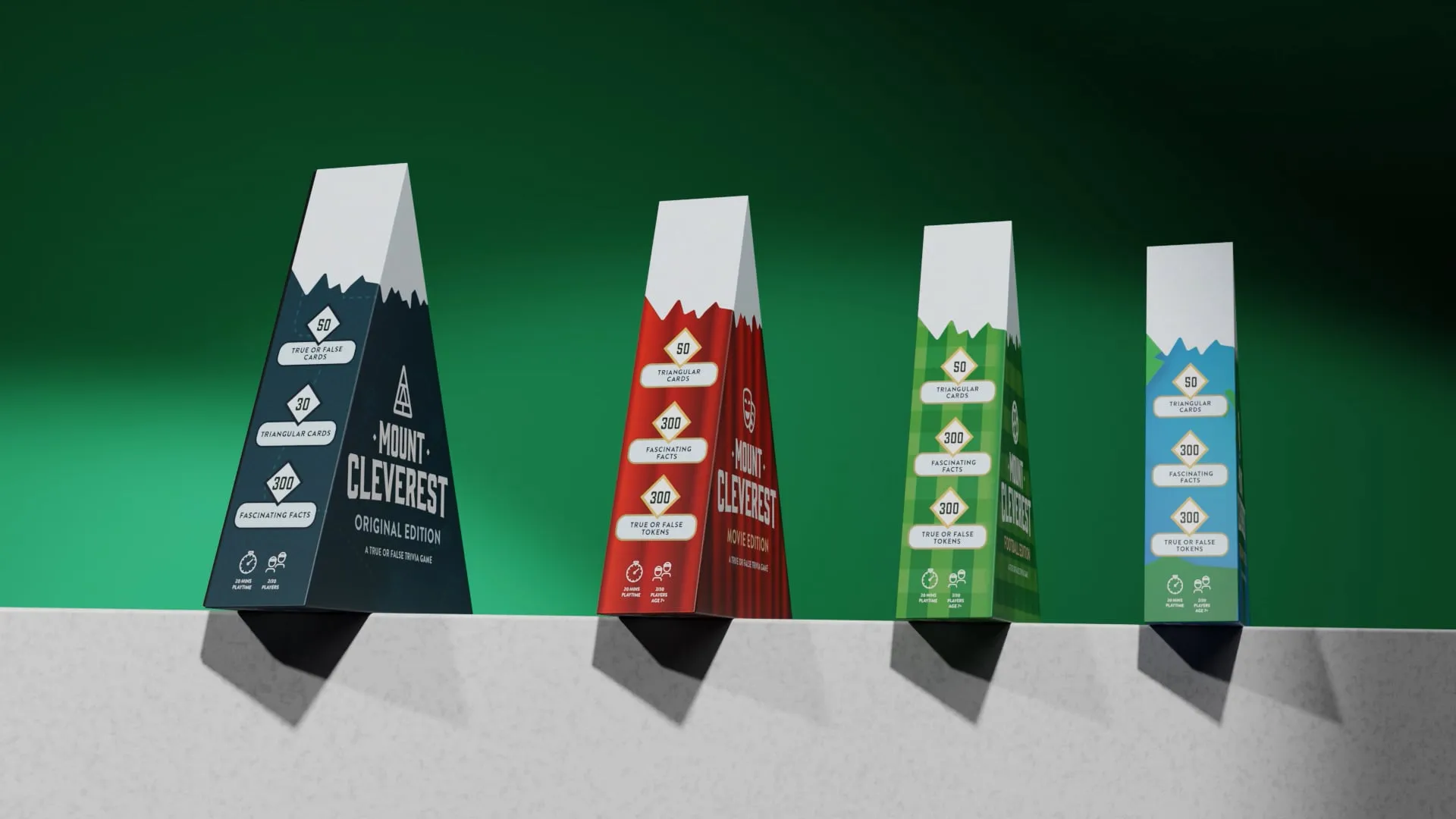 Four triangular shaped card game boxes in a row