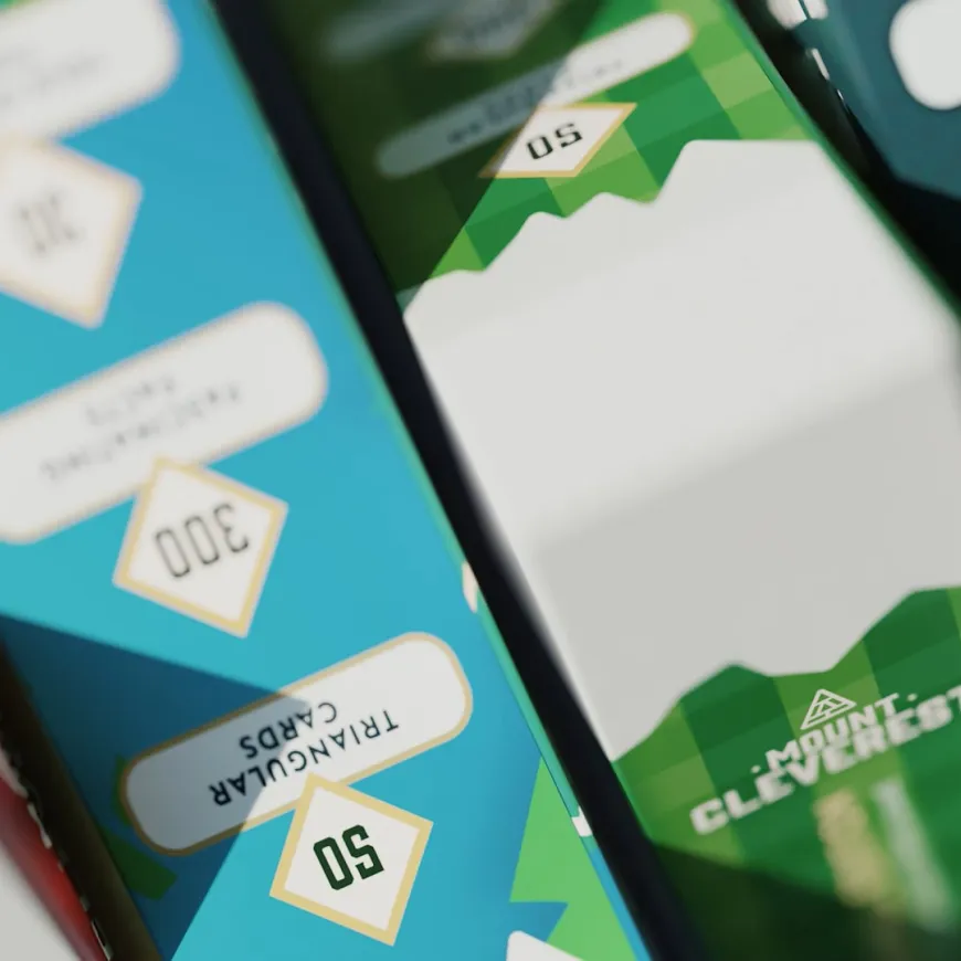 Close up of card game boxes