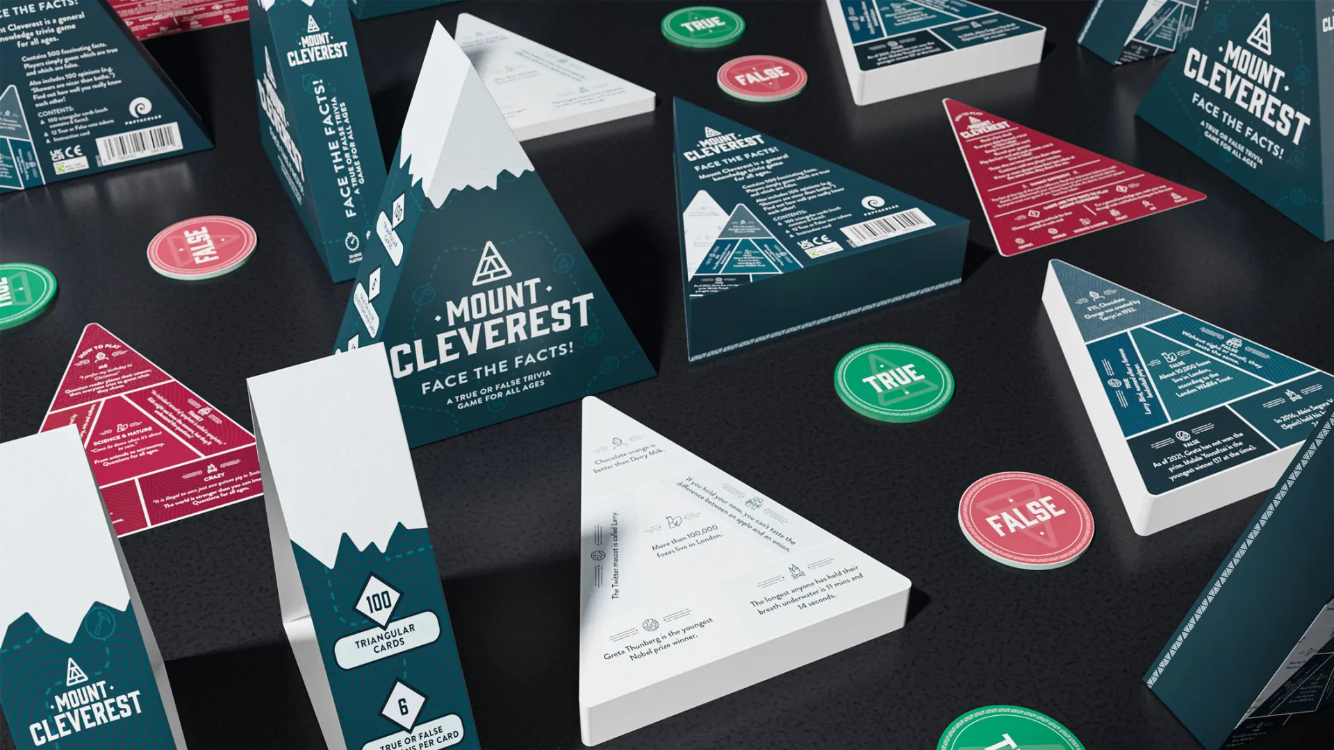 Mount cleverest triangular shaped game box laid out with true and false tokens