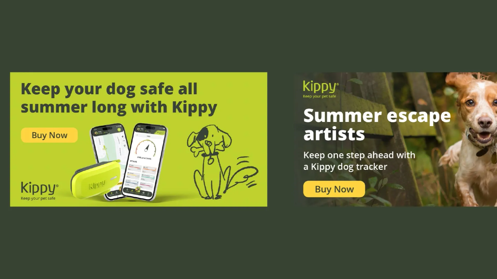 Landscape social media adverts for Kippy pet gps tracker and application.
