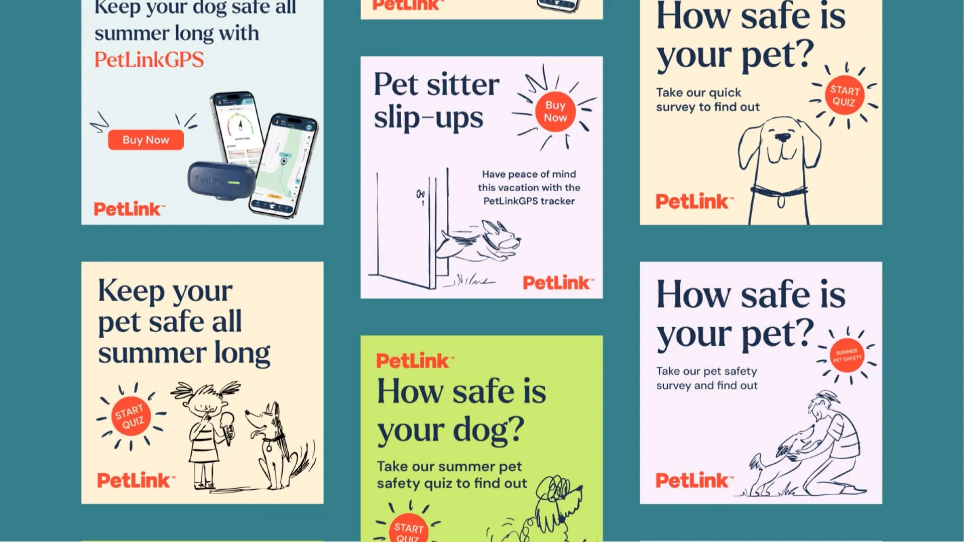 Square PetLink social media assets in columns on a blue background.