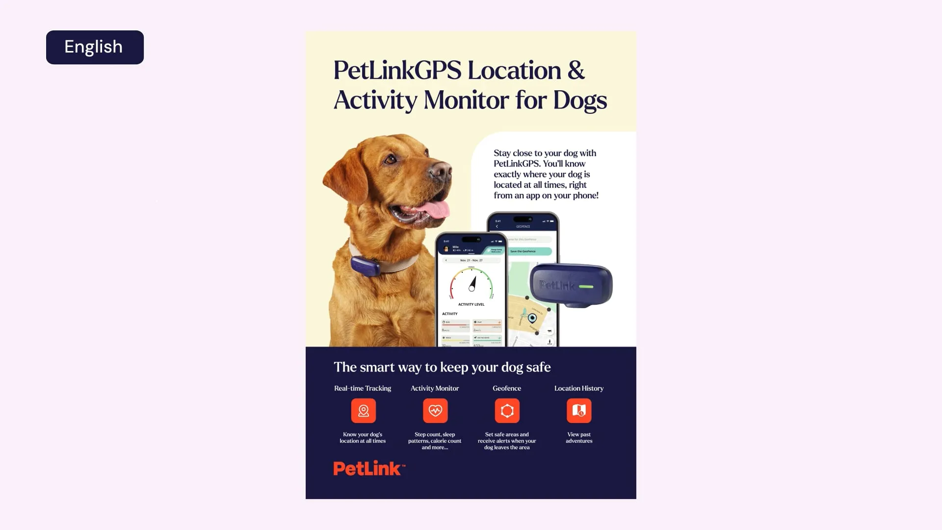 English poster advert for the functionalities of a PetLinkGPS activity monitor and application.
