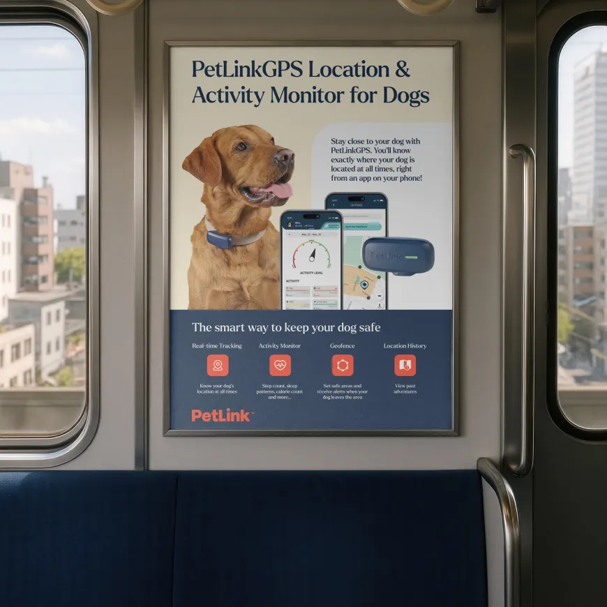Poster advertisement for PetLinkGPS tracker and application on a subway cart.