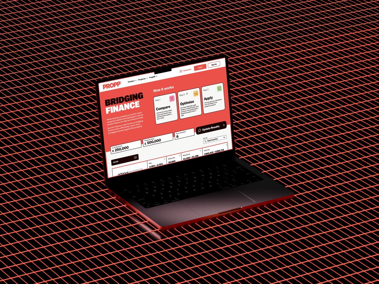 Laptop displaying bridging finance page on red laser ground