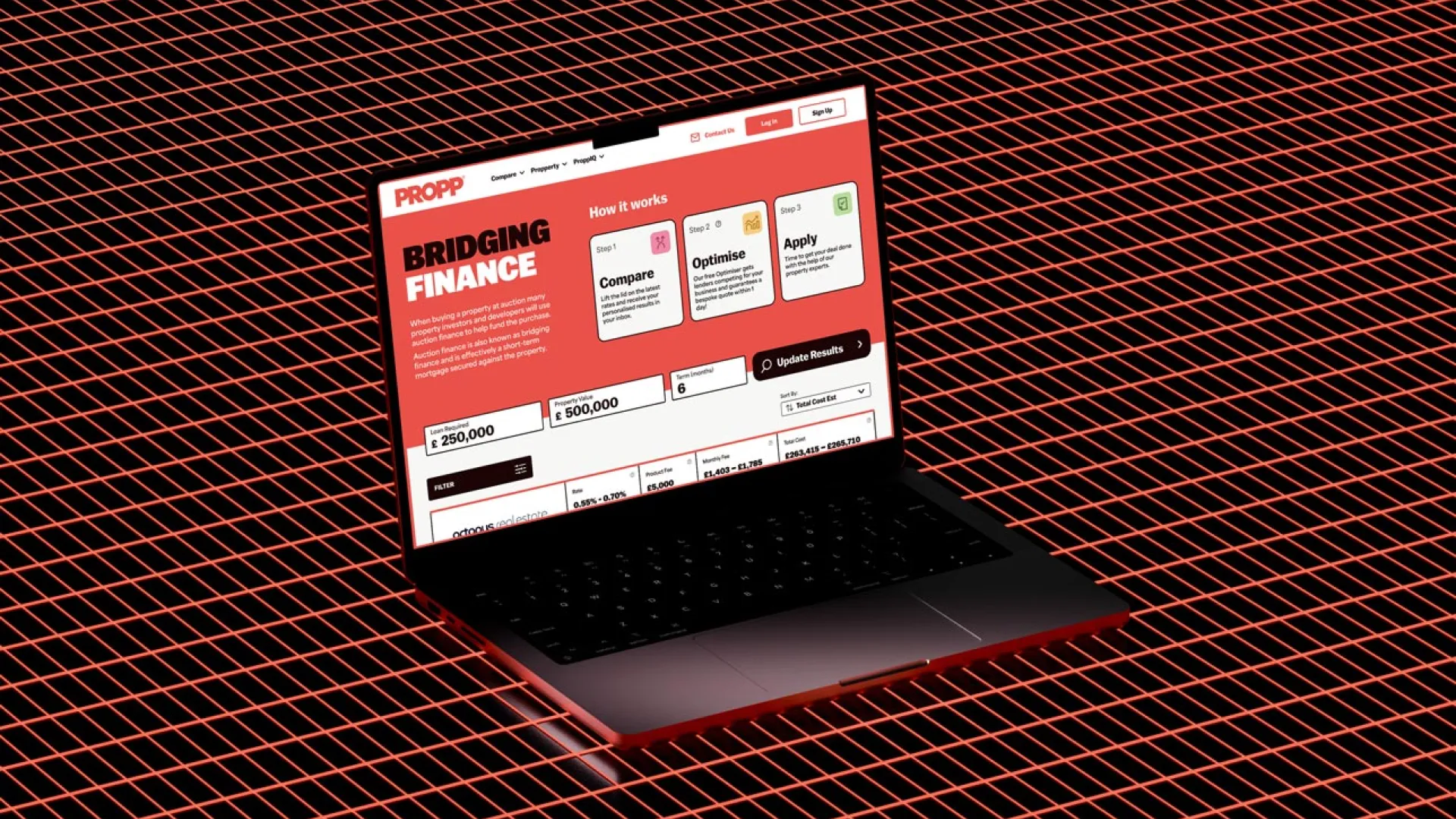 Laptop displaying bridging finance page on red laser ground
