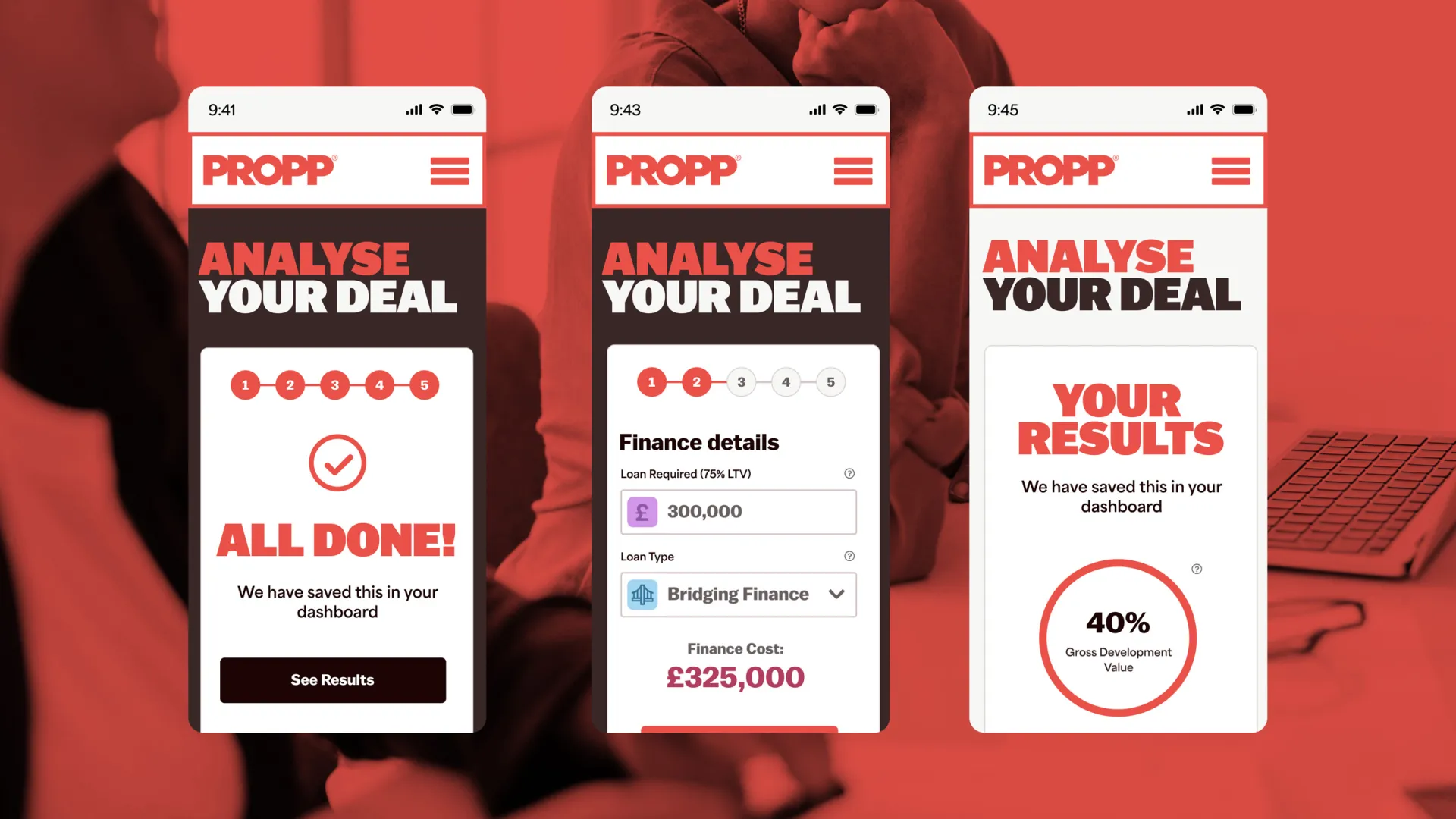 Three mobile mockups laid over a red background image of a desk