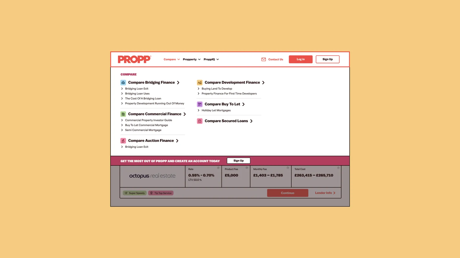 Website screen capture of Propp navigation menu open