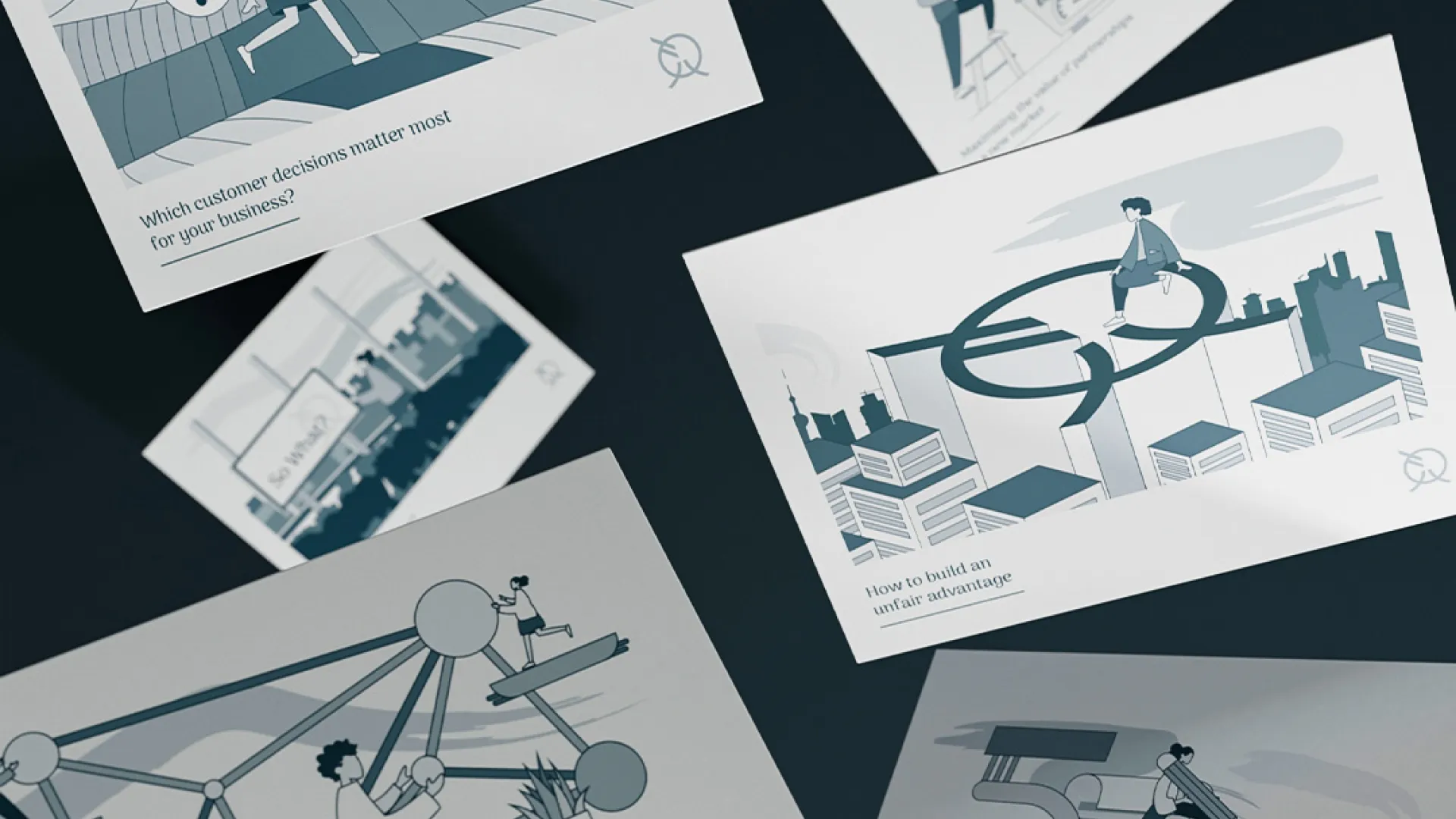 illustrated elements of a logo and people doing various activities