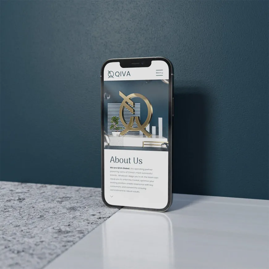 a mobile phone against a blue wall showing a website