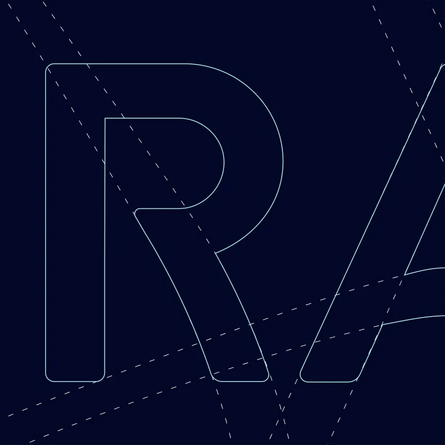 dark blue background with the letter R and gridlines