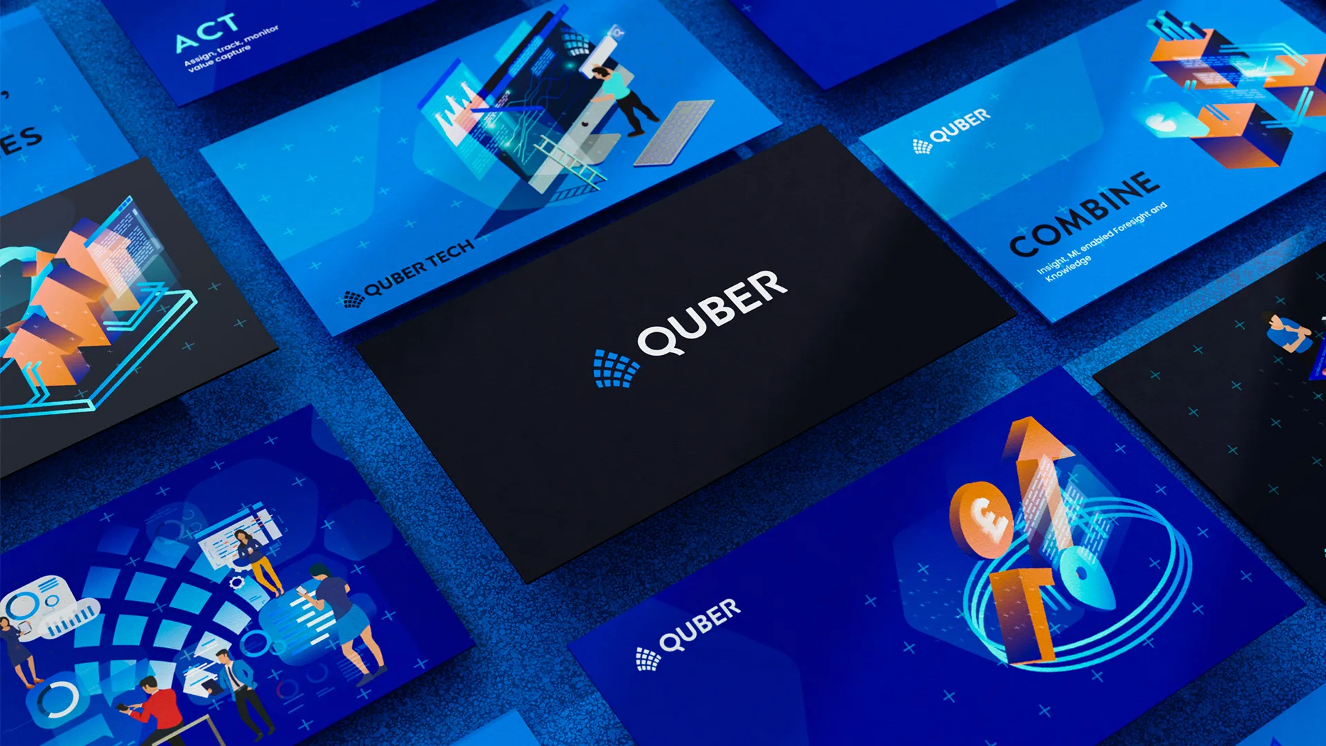 multiple screens in dark blue and black, with orange motifs