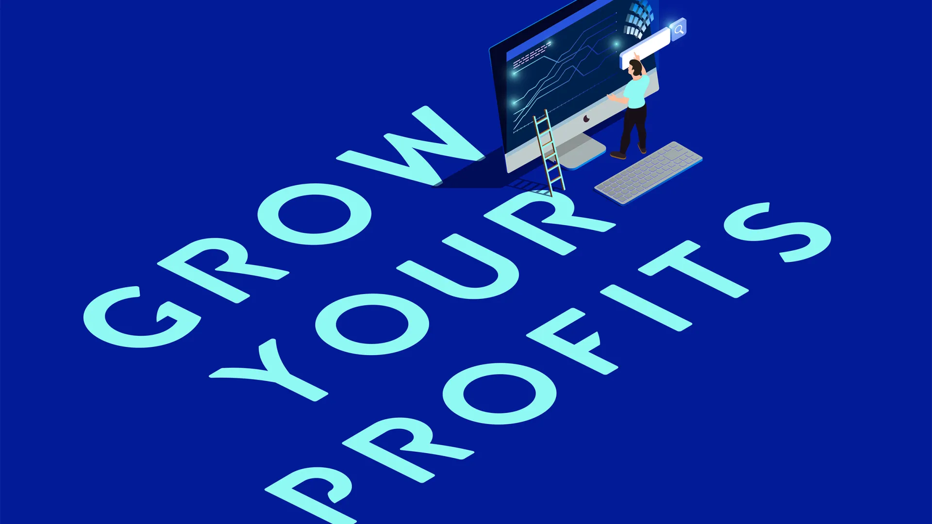 a blue image with 'grow your profits' and a digital render of a computer
