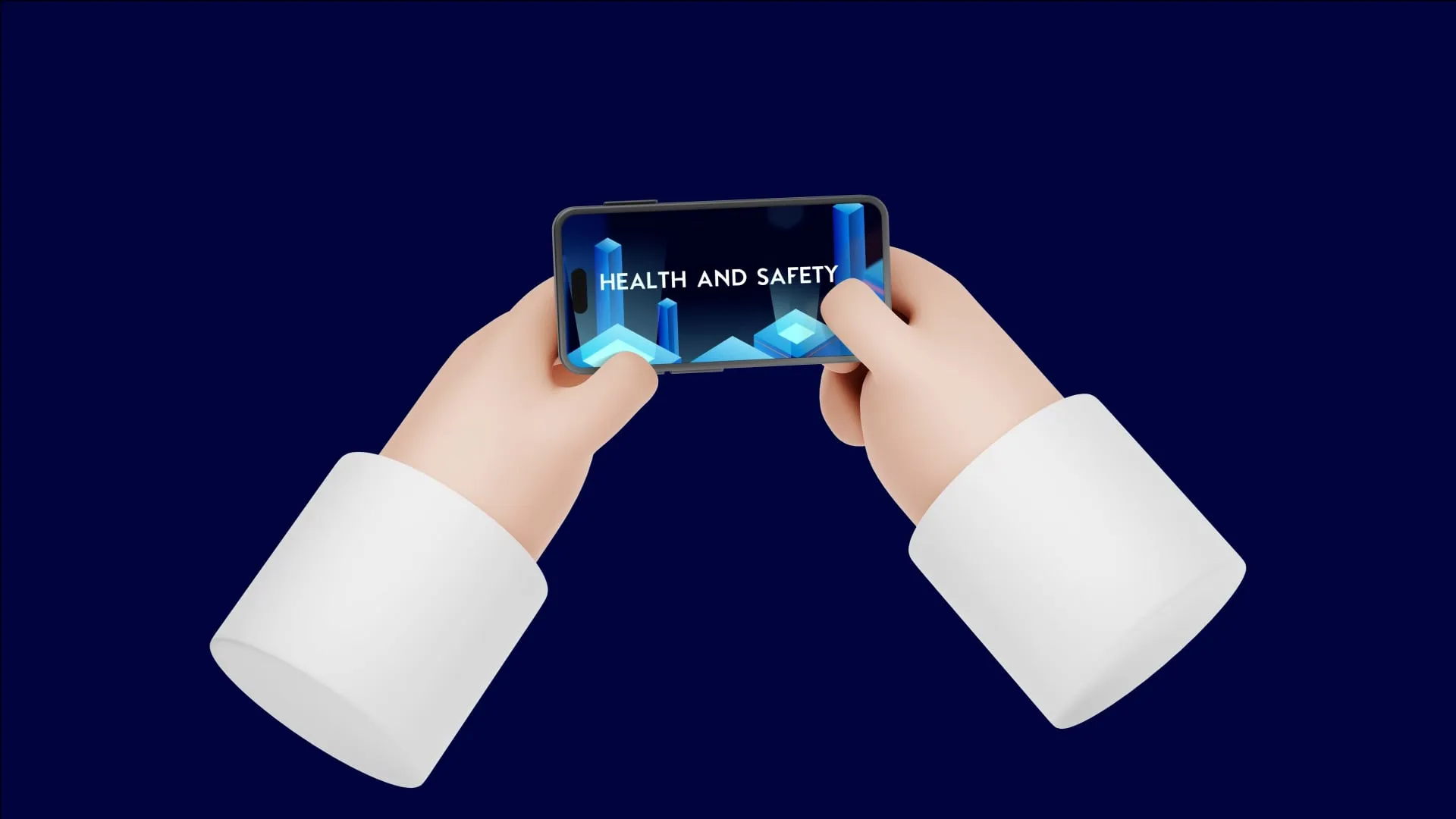 two illustrated hands hold a phone on a blue background