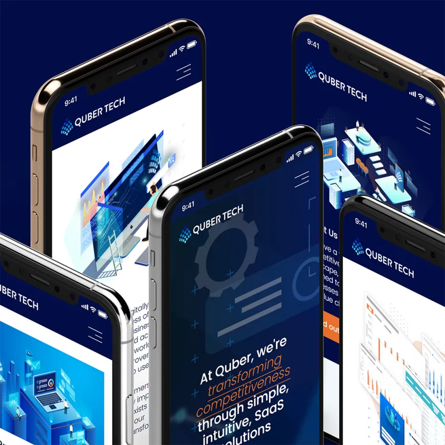 multiple mobile phones displaying the quber website