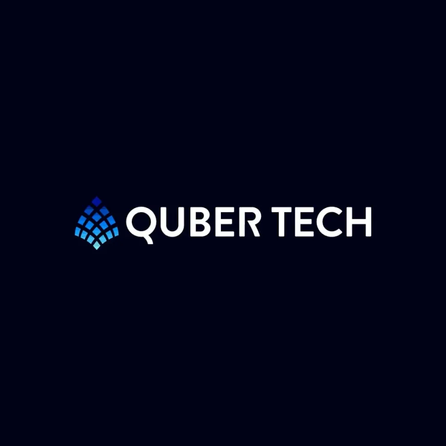 Quber tech written in white on a dark blue background