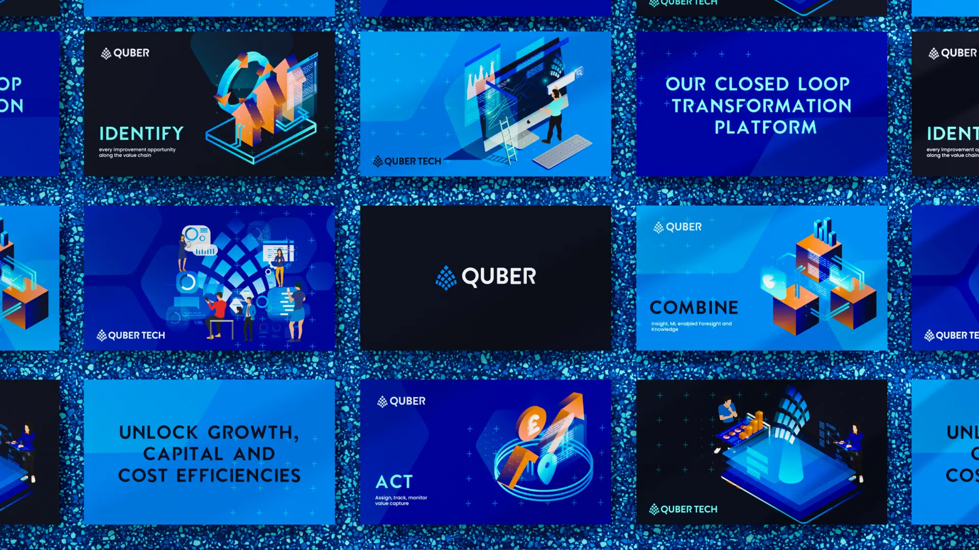 multiple slides in blues and black with orange motifs