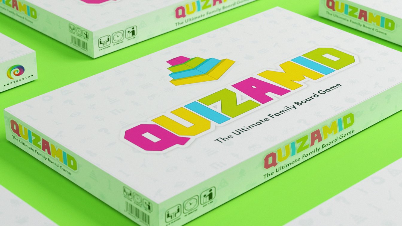 Quizamid ultimate family board game box on lime green background.