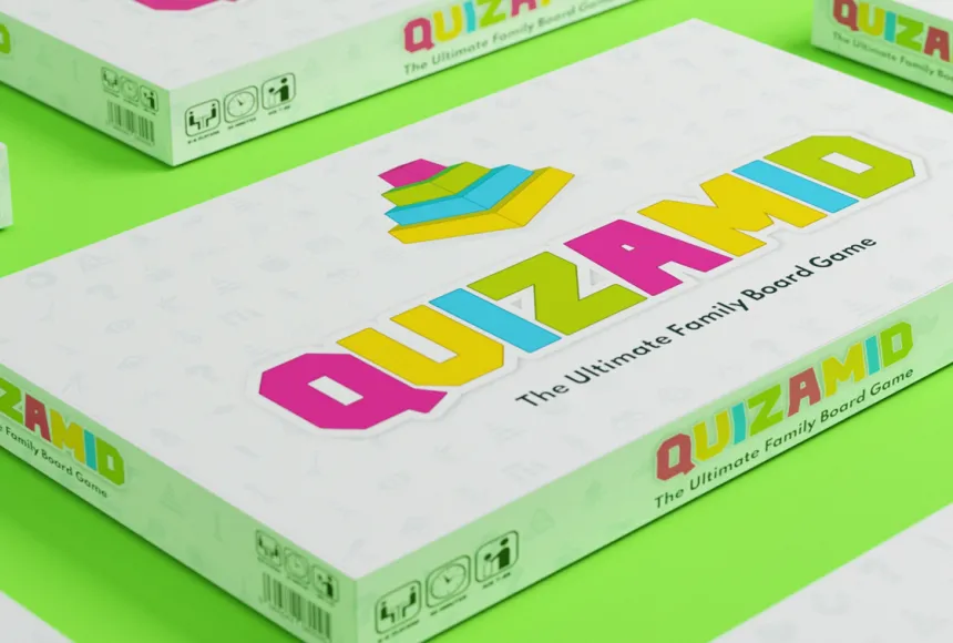 Quizamid ultimate family board game box on lime green background.