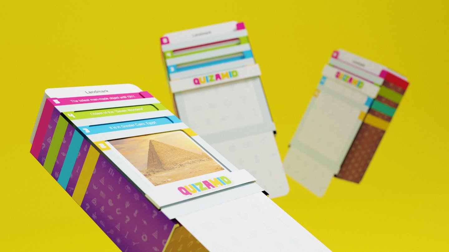 Quizamid card box dispensers floating in the air on yellow background.