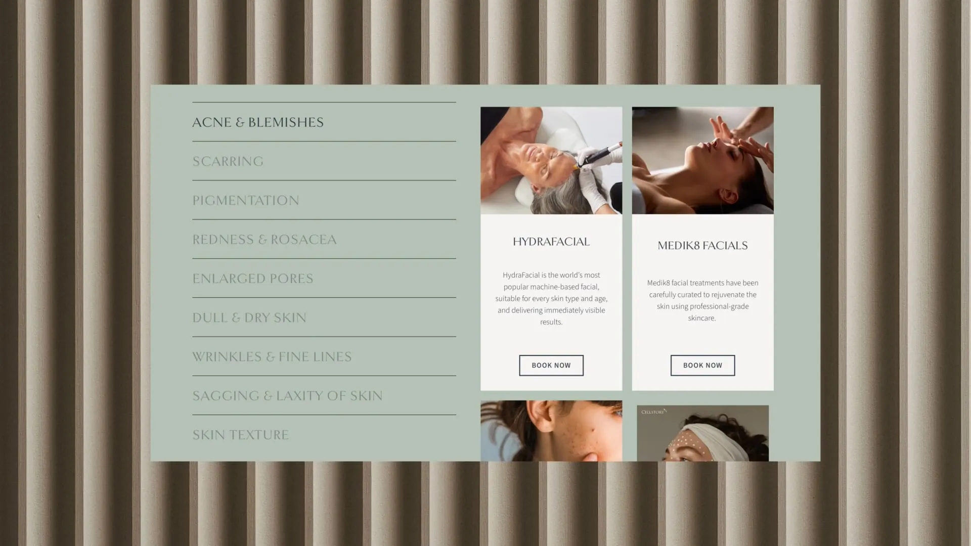 Website menu of beauty treatments on website