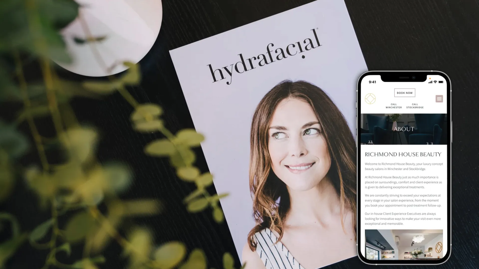 Leaflet for hydrafacial and mobile mockup on table