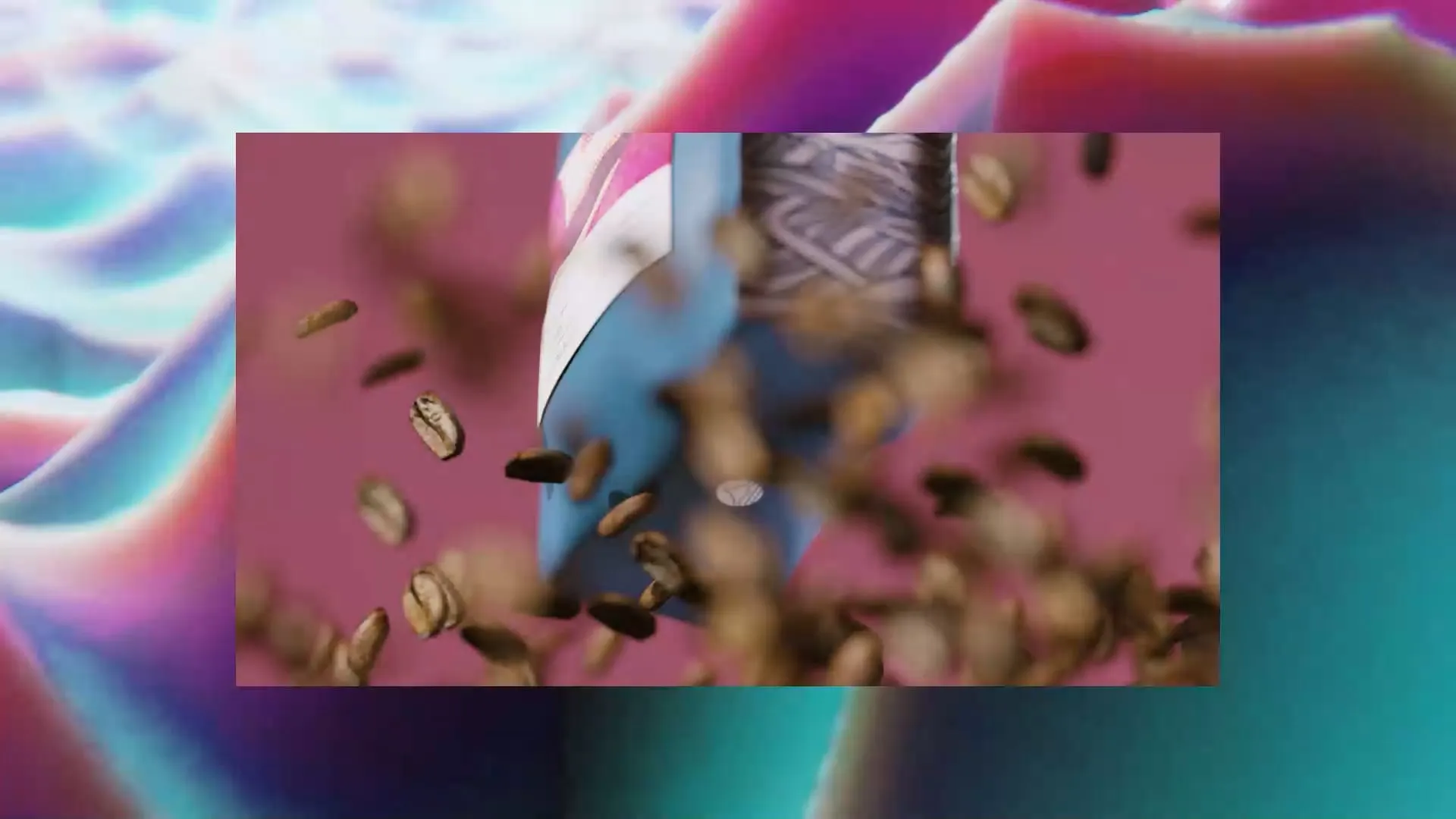Coffee beans falling in a pink square, behind them is a blue coffee bag