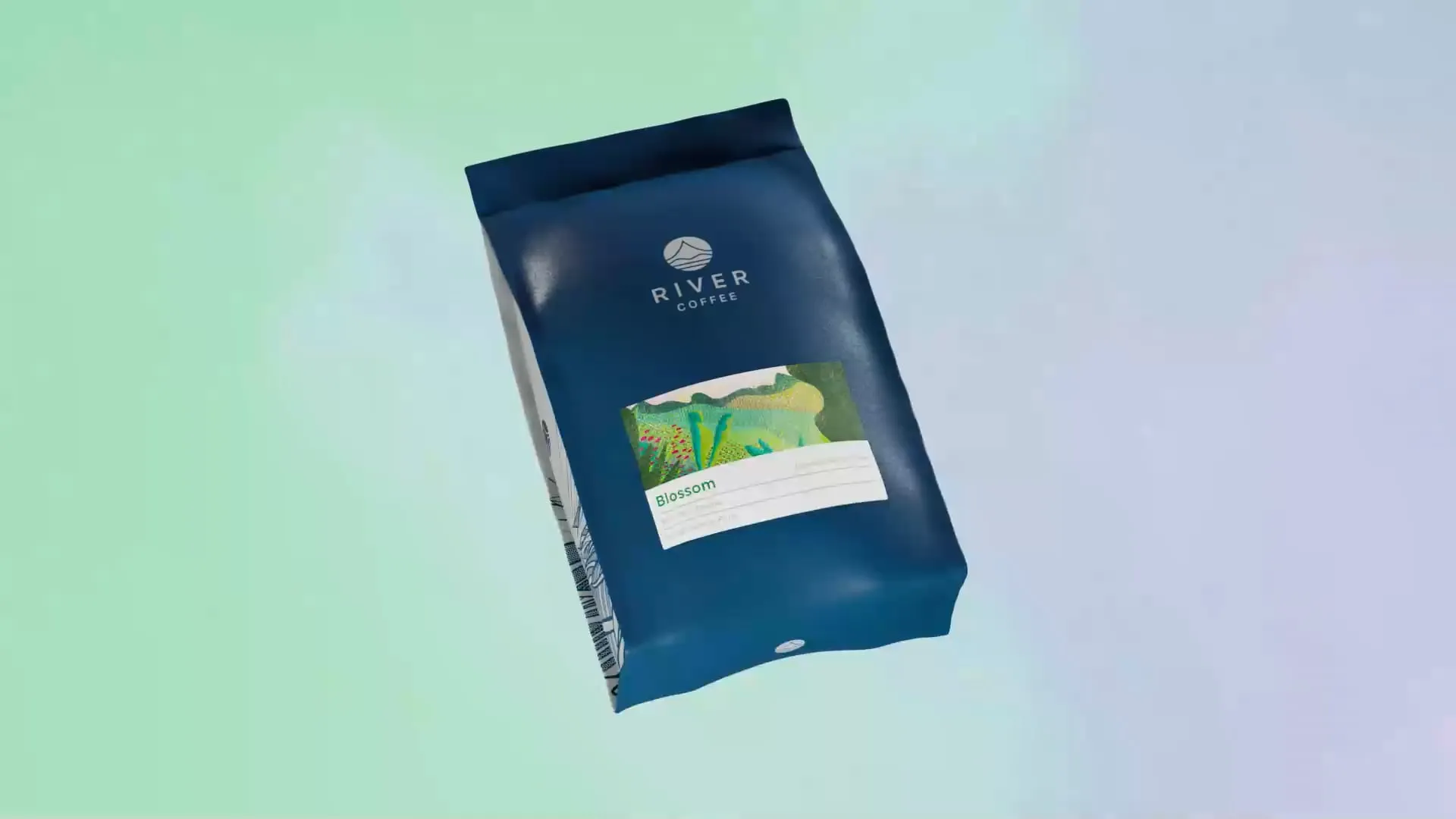 a dark blue coffee bag on a candy floss green and pink background