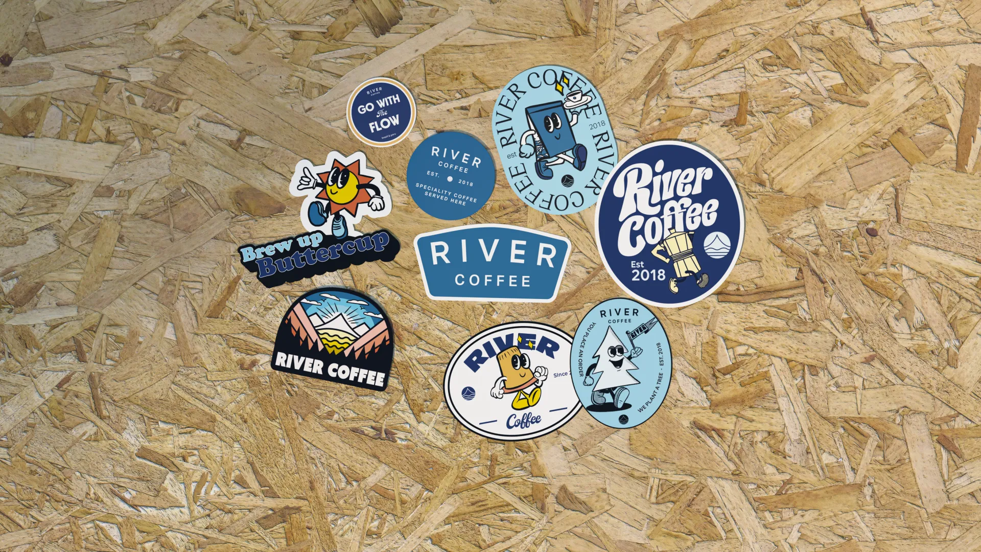 Colourful and graphical stickers on a wooden board