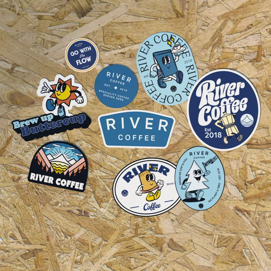 Colourful and graphical stickers on a wooden board