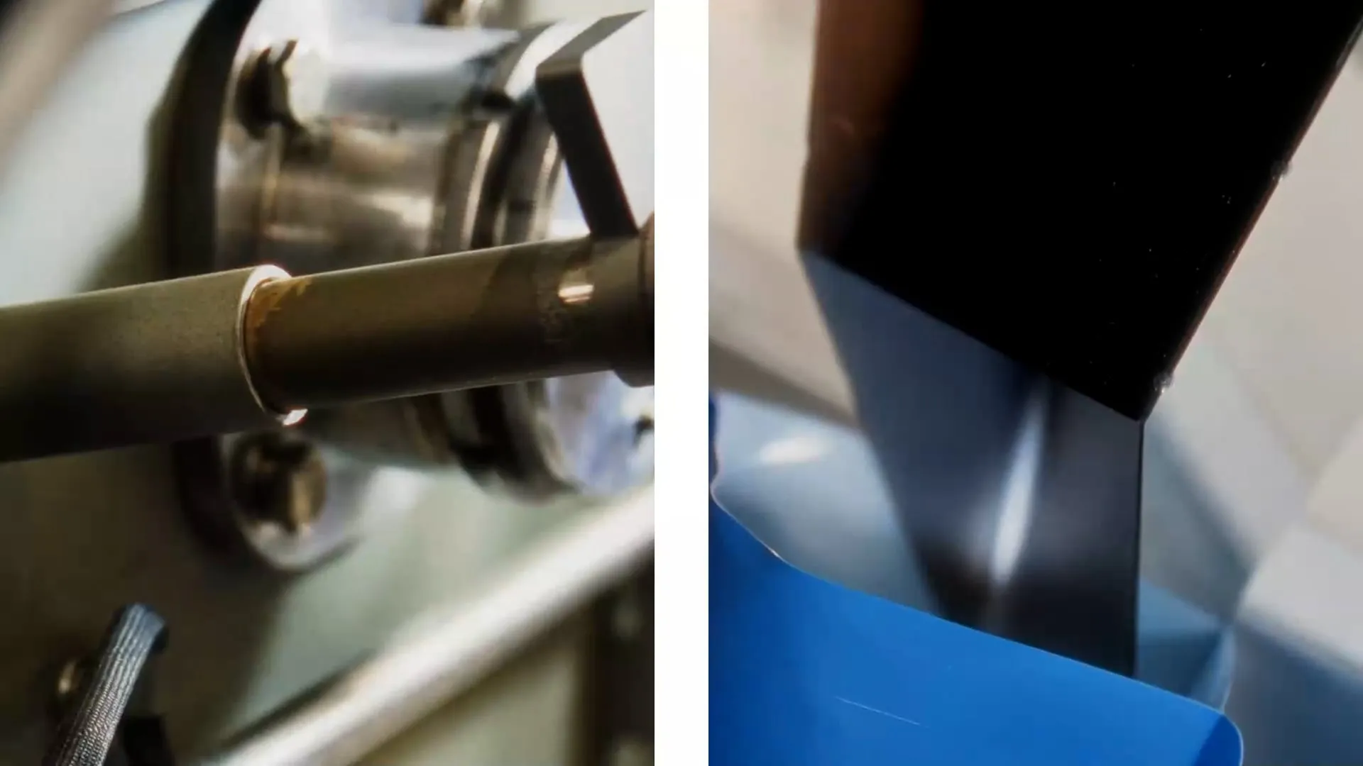 a split image, a coffee bean roasters on the left and on the right is a blue bag being filled with coffee beans