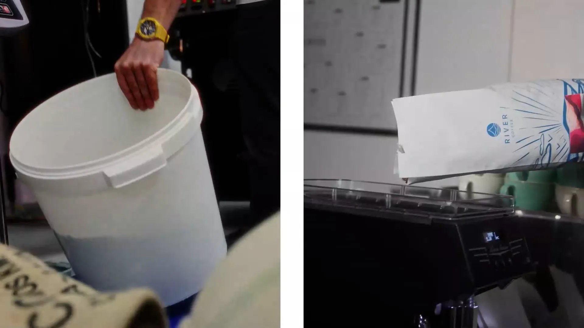 A split screen video still, on the left is a white bucket with coffee beans in, on the right is a coffee bag