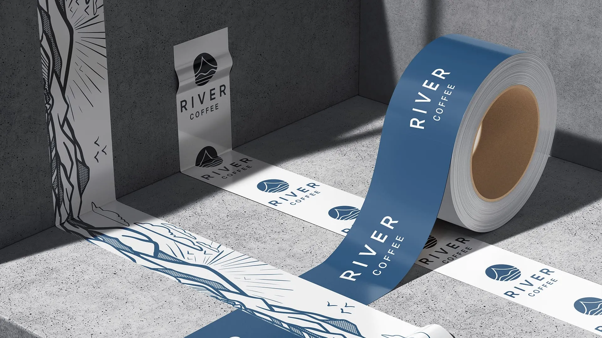 dark blue and white packaging take featuring the words river coffee